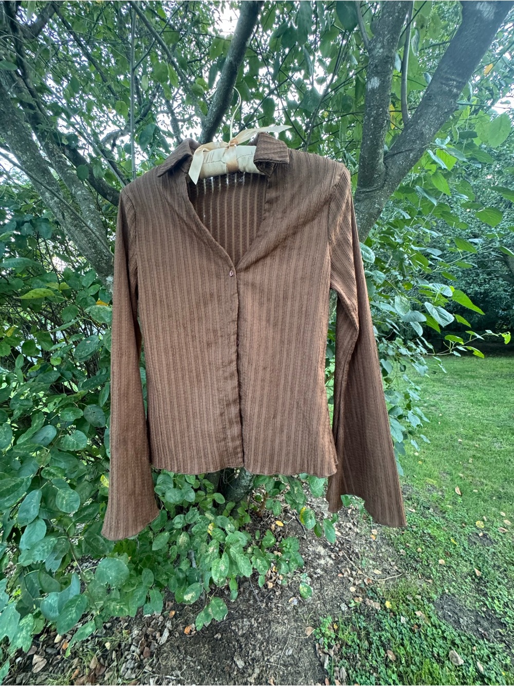 Brown Ribbed Long-Sleeve Button-Front Top